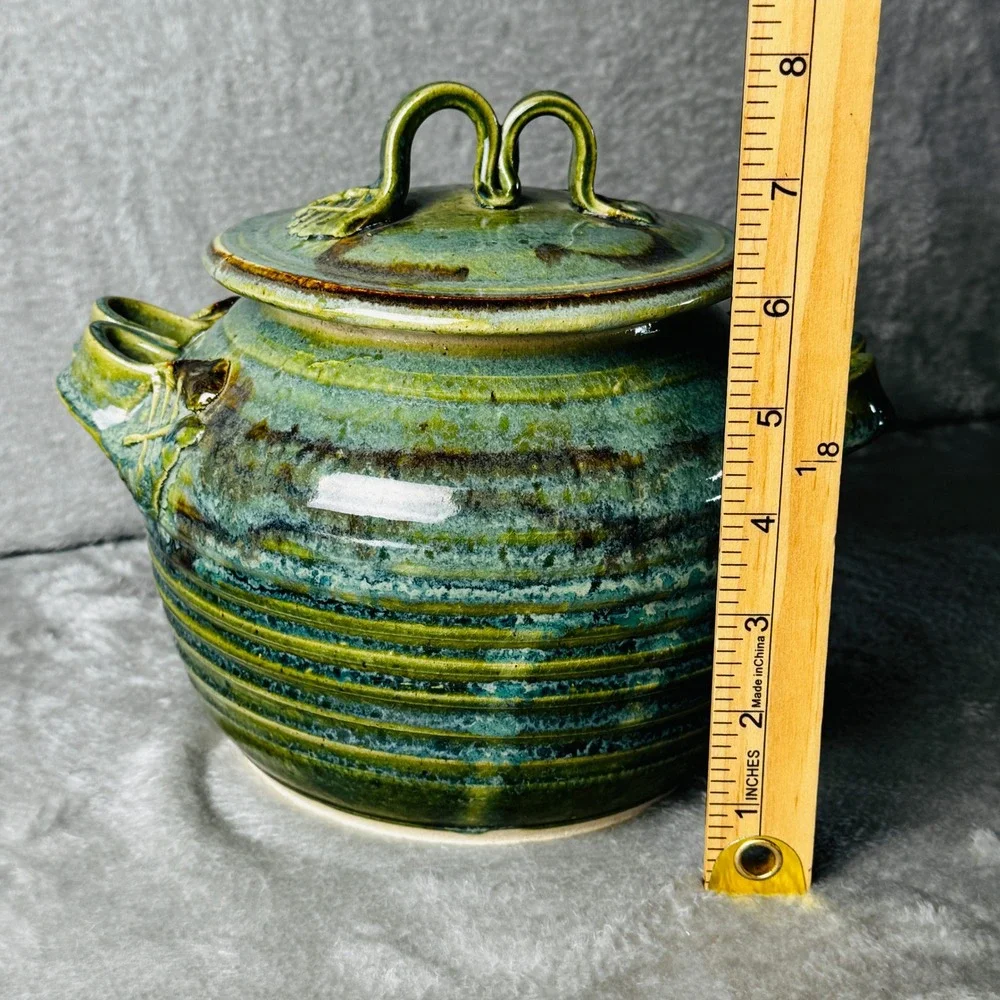 Studio Pottery Lidded Canister Green Brown Glaze Rustic Stoneware Crock Tureen